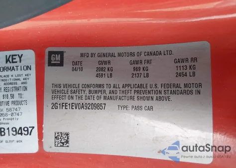 2010 Chevrolet Camaro 1Ls z USA, uszkodzony, nr VIN 2G1FE1EV0A9209857